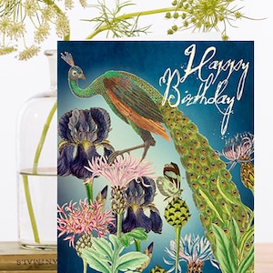Collage vintage de carte d'art d'anniversaire ~ manchon biodégradable de matériau d'origine durable ~ fleurs de papillon de paon ~ Designer de haute qualité HB199
