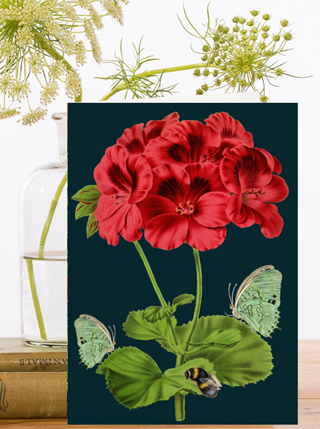 Cartão de arte de colagem vintage extravagante ~ impressão botânica doce William flores vermelhas e borboletas ~ designer de alta qualidade RS129