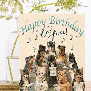Geburtstag Kunstkarte Vintage Collage ~ Nachhaltig bezogenes Material biologisch abbaubare Hülle ~ Katzen Hunde Chor Musik ~ Designer High Quality HB104