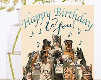Birthday Art Card Vintage Collage ~ Sustainably Sourced Material Biodegradable Sleeve ~ Cats Dogs Choir Music ~ Designer High Quality HB104