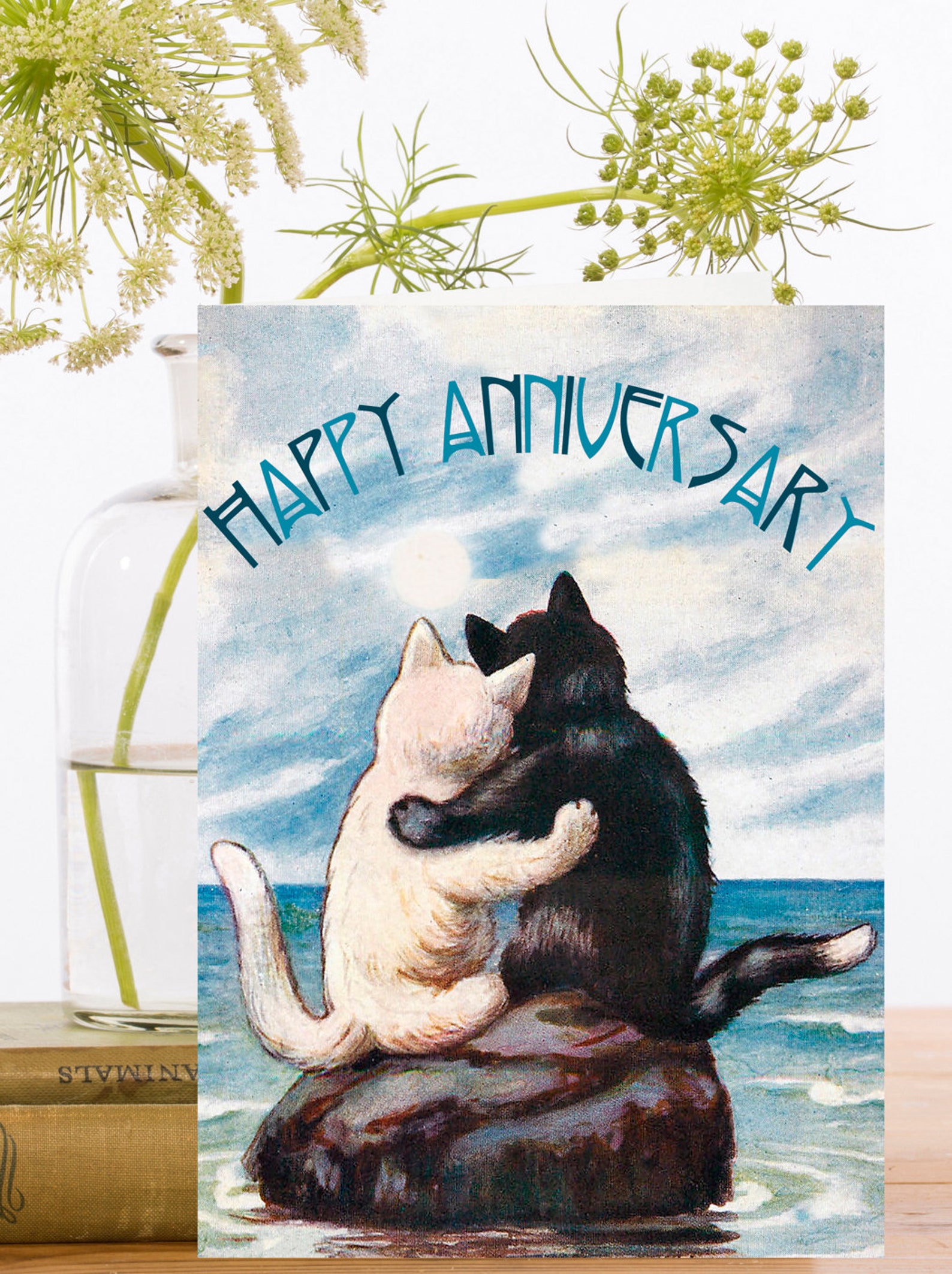 Happy Anniversary Card Hugging Cat Lovers Looking Over the Etsy