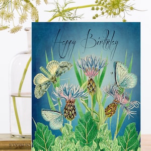 Anniversaire Art Card vintage Collage ~ Matériau d'origine durable Manchon biodégradable ~ Chardons et papillons ~ Designer de haute qualité HB216