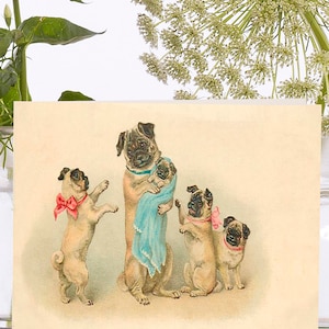 Piccolo biglietto d'arte vintage stravagante ~ Custodia biodegradabile in materiale di provenienza sostenibile ~ Una famiglia di cani carlini ~ Designer di alta qualità VT001