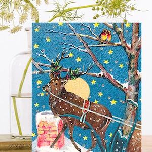 Carte de Noël fantaisiste ~ Main scintillante (encapsulée) ~ Traîneau ~ Rennes et bois ~ Toit ~ Neige ~ Designer ~ Paillettes XM092 de haute qualité