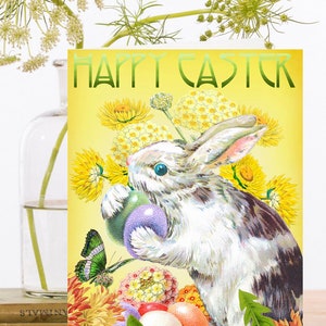 Fantaisie vintage Easter Collage Art Card ~ Spring Bunny Rabbit Eggs & Basket Colorful Butterfly and Flowers ~ Designer High Quality SP041