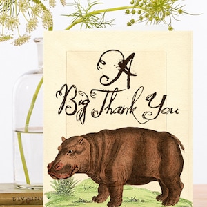 Un grand merci vintage Collage Art Card ~ Happy Hippopotamus Botanical Illustrated Nature Scene ~ Designer Haute Qualité WT038