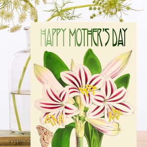 Carte d’art vintage vintage scintillante pour la fête des mères ~ Fleurs florales de lys de tigre Beau papillon Nature botanique ~ Designer de haute qualité SP065