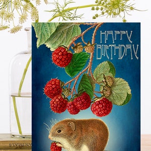 Cartão de arte de aniversário colagem vintage ~ material de origem sustentável manga biodegradável ~ mouse framboesas ~ designer de alta qualidade hb196