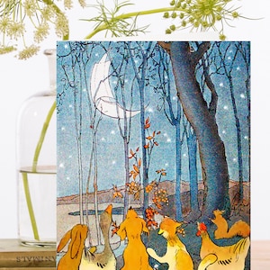 Carte d'art de collage vintage fantaisiste ~ Manchon biodégradable de matériau d'origine durable ~ Amis de la forêt et une lune ~ Designer de haute qualité RS212