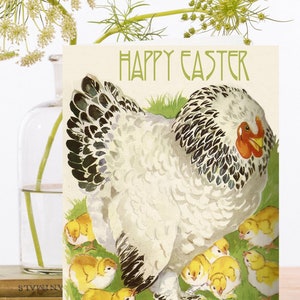 Fantaisie vintage Easter Collage Art Card ~ Springtime Speckled Hen & Her Yellow Chicks - Mother Chicken ~ Designer High Quality SP026