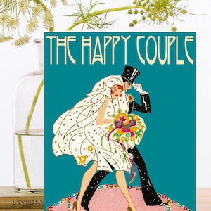 Hand Glittered Vintage Bruiloft Art Card ~ Bruid & Bruidegom Getrouwd paar 1920s Bruiloft Bloem Boeket ~ Designer hoge kwaliteit RS101