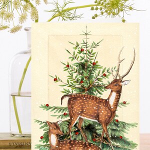 Stravagante Vintage Art Card ~ Albero di pino delle nevi delle vacanze di Natale con palline rosse - Corna di renna Magnificant ~ Designer di alta qualità XM097