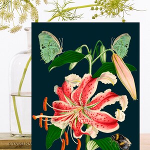 Anniversaire Art Card vintage Collage - Matériau d'origine durable Manchon biodégradable ~ Pink Tiger Lily&Buds ~ Designer RS121 de haute qualité