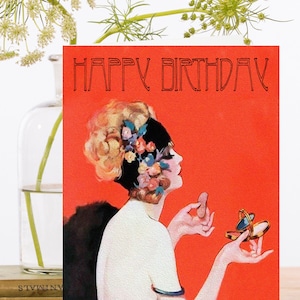 Compleanno Art Card Vintage Collage ~ Materiale di provenienza sostenibile Biodegradabile Manica Art Deco Lady Cappello floreale ~ Designer di alta qualità HB205