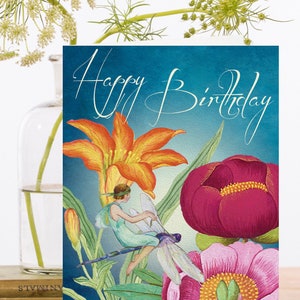 Birthday Art Card Vintage Collage ~ Sustainably Sourced Material Biodegradable Sleeve ~ Fairy on Dragonfly  ~ Designer High Quality HB229