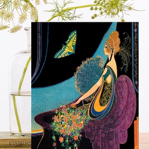 Carte d'art vintage scintillante à la main ~ Art déco des années 1920 Lady Feather Fan bouquet de fleurs et robe papillon pour une fête ~ Designer haute qualité RS140