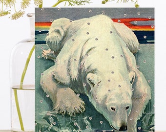 Whimsical Hand Glittered Christmas Card ~ White Polar Bear Dipping His Paw Into the Ocean with Glitter Snow ~ Designer High Quality XM088