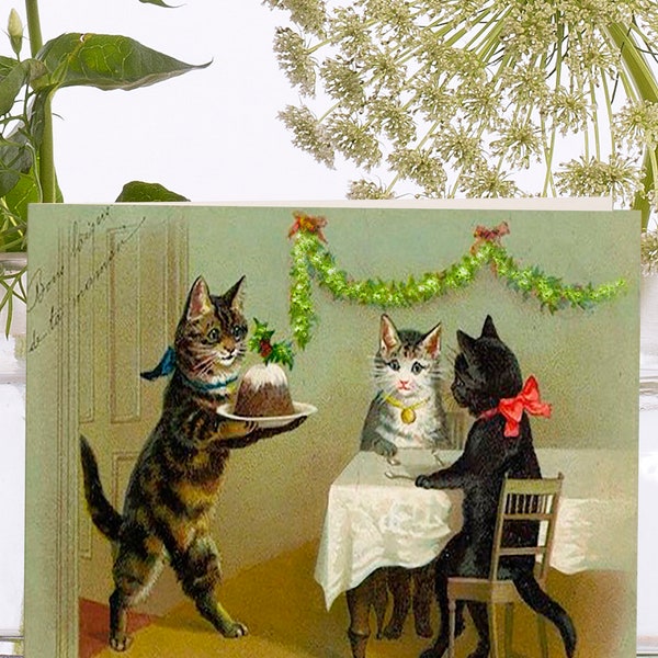 Whimsical Vintage Collage Art Card ~ Sustainably Sourced Material Biodegradable Sleeve ~ Cats Christmas Dinner ~ Designer High Quality VT024