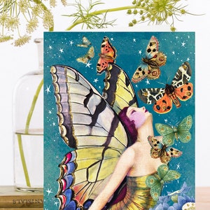 Hand glitzernde Vintage Kunstkarte ~ Art Deco Schmetterling Frau, flatternde Schmetterlinge, Sterne & Blumen ~ Designer High Quality GT004