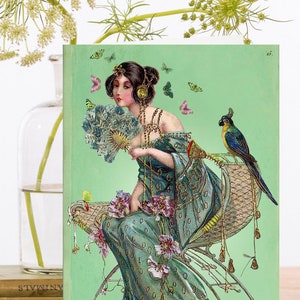 Carte d’art vintage fantaisiste ~ Art Déco Bejeweled Woman avec Feather Fan Butterfly Aura & Parrot ~ Designer Haute Qualité RS013