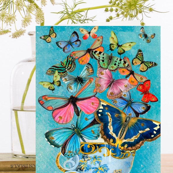 Birthday Art Card Vintage Collage ~ Sustainably Sourced Material Biodegradable Sleeve  ~ Butterflies & Teacup ~ Designer High Quality RS001