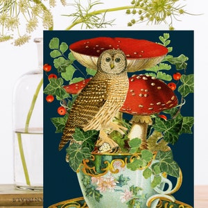 Carte d'art collage vintage lunatique ~ Manchon biodégradable en matériau de source durable ~ Tasse de thé champignons chouette ~ Designer haute qualité RS237