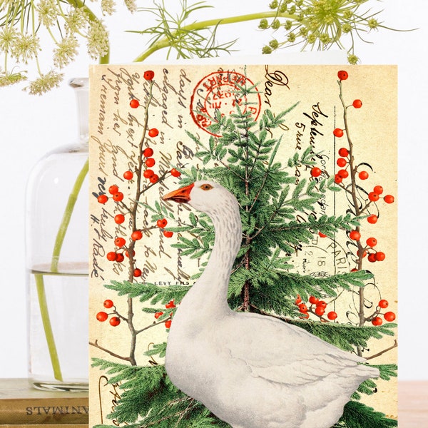 Whimsical Vintage Christmas Collage Art Card ~ White Goose & Festive Pine Tree Red Berried Branches ~ Designer High Quality XM070