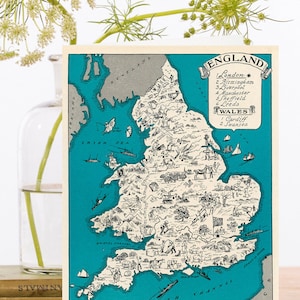 Tarjeta de arte de felicitación ~ Mapa vintage de Inglaterra y Gales de los bocetos de la década de 1930 de las tierras de Amoungst en curso ~ Diseñador de alta calidad MP001