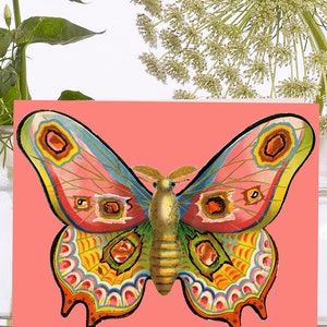 Petite carte d'art vintage fantaisiste ~ Manchon biodégradable en matériau de source durable ~ Papillon orange et rose ~ Designer de haute qualité VT071