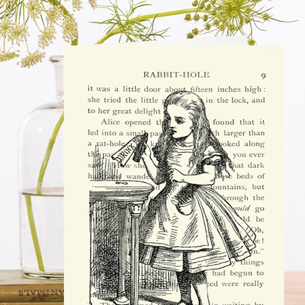 Whimsical Vintage Alice in Wonderland Collage Art Card ~ Verse Down the Rabbit Hole Drink Me Bottle ~ Designer High Quality AW012