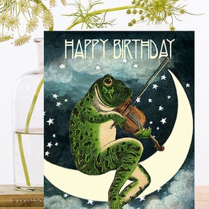 Geburtstags-Kunstkarte Vintage Collage ~ Biologisch abbaubares Material ~ Frosch auf dem Mond ~ Designer High Quality HB165