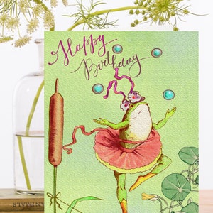 Geburtstag Kunstkarte Vintage Collage ~ Nachhaltig bezogenes Material Biologisch abbaubare Hülle ~ Ballett Tanzender Frosch ~ Designer High Quality HB244