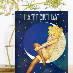 Hand glitzernde Geburtstagskarte ~ Art Deco Girl auf Halbmond 1920er Jahre Strümpfe Vintage ~ Designer High Quality HB162