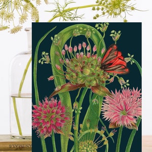 Whimsical Vintage Collage Art Card~Sustainably Sourced Material Biodegradable Sleeve ~Midnight Botanical Flowers~Designer High Quality RS183