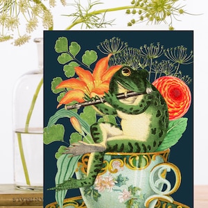 Carte d’art collage vintage fantaisiste ~ Manche biodégradable en matériau d’origine durable ~ Jardin de tasse de thé avec grenouille ~ Designer de haute qualité RS239