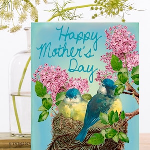 Carte d’art de la fête des mères ~ Art de collage vintage ~ Oiseaux bleus ~ Nid de paille ~ Fleurs roses ~ Oiseaux nicheurs ~ Fantaisiste ~ Designer ~ SP010 de haute qualité