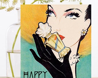 Birthday Art Card Vintage Collage~Sustainably Sourced Material Biodegradable Sleeve~Art Deco Lady Perfume Bottle~Designer High Quality HB137