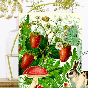 Fantaisiste vintage Hanging Fandangle Collage Art Card ~ Lapin Lapin, Marguerites, Fraises Mouche Champignon Agaric ~ Designer Haute Qualité FD002