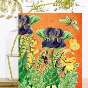 Carte d’art vintage scintillante à la main fantaisiste ~ Imprimé floral botanique Iris, Lily & Foxglove Butterfly Bumble Bee ~ Designer High Quality RS163