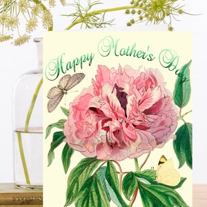 Carte d’art vintage fantaisiste de la fête des mères ~ Papillons botaniques et fleurs de pivoine rose luxuriantes Nature ~ Designer de haute qualité SP046
