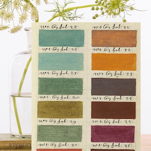 May include: A color chart with 12 paint swatches, labeled with numbers and the text "Oy fol" or "By Sol". The chart is on a cream-colored background with a brown border.