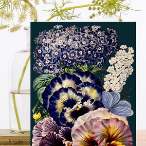 Carte d'art Collage vintage fantaisiste ~ Manchon biodégradable de matériau d'origine durable ~ Botanique ~ Pensées ~ Designer RS186 de haute qualité