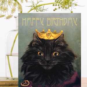 Carte d’art d’anniversaire vintage scintillante à la main ~ Royal Queen Black Cat Puss in Heart Crown ~ Designer De haute qualité HB189