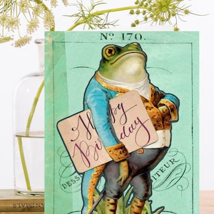 Geburtstags-Kunstkarte Vintage Collage ~ Biologisch abbaubares Material ~ Gentleman Frosch ~ Designer Hohe Qualität HB246