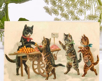 Whimsical Little Vintage Art Card ~ Sustainably Sourced Material Biodegradable Sleeve ~ Cats at the Market  ~ Designer High Quality VT018