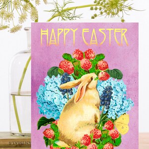 Carte d’art de Pâques vintage fantaisiste ~ Lapin floral Lapin avec hortensia trèfle rouge Muscari & Papillon jaune ~ Designer haute qualité SP062