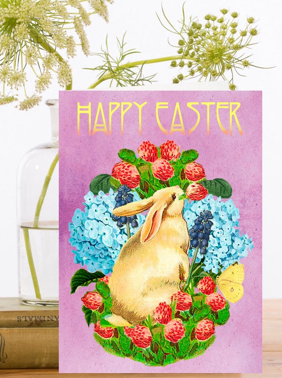 Whimsical Vintage Easter Art Card ~ Floral Bunny Rabbit With Red Clover Hydrangea Muscari & Yellow Butterfly ~ Designer High Quality SP062