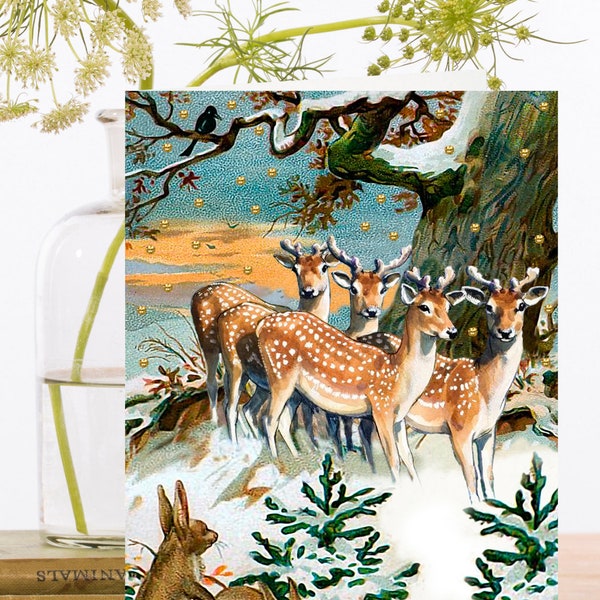 Carte d’art vintage scintillante à la main de Noël fantaisiste ~ Cerf Bambi à queue blanche avec petits sapins dans la neige ~ Designer de haute qualité GT018