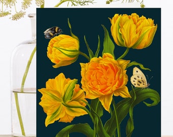 Cartão de arte de colagem vintage extravagante ~ Impressão botânica Luscious Tulipas amarelas com insetos Bumble Bee, Borboleta ~ Designer de alta qualidade RS131