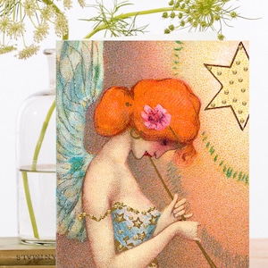 "Wunderschöne Vintage Weihnachtskarte mit Glitzer ~ Geflügelter Engel im Sternenkleid ~ Designer High Quality ID 021."